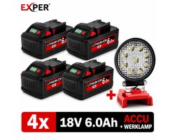 EXPER - 18V Accu geschikt voor Milwaukee M18 - 4 Stuks - 6.0Ah - Vervangende Accu + 18V Accu Led Bouwlamp - Compatibel met M18 B2 B4 B5 B6 B9 BX - Li-ion