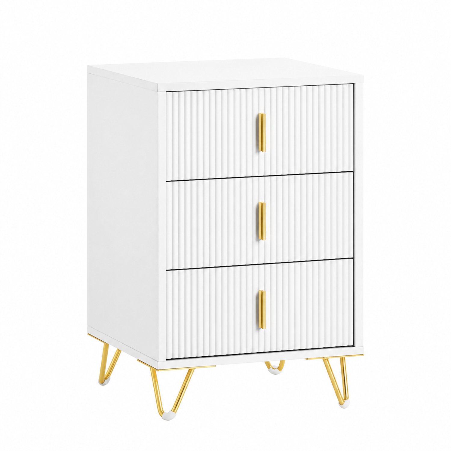 Veya Nachtkastje - Wit - Goud - Kastje - Nachtkast - Past goed naast hoger bed - 63 cm hoog - Met 3 lades - 63x40x40 cm (hxbxd)