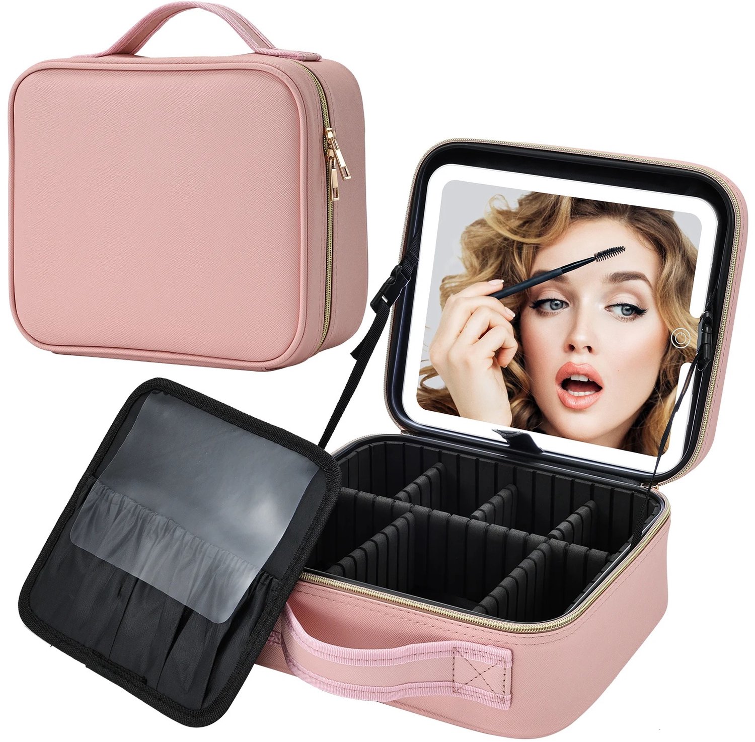 Veya Makeup tas Roze - Make up organizer - Beautycase - Dames - Spiegel met led-verlichting - Handig formaat - 26x22x12cm