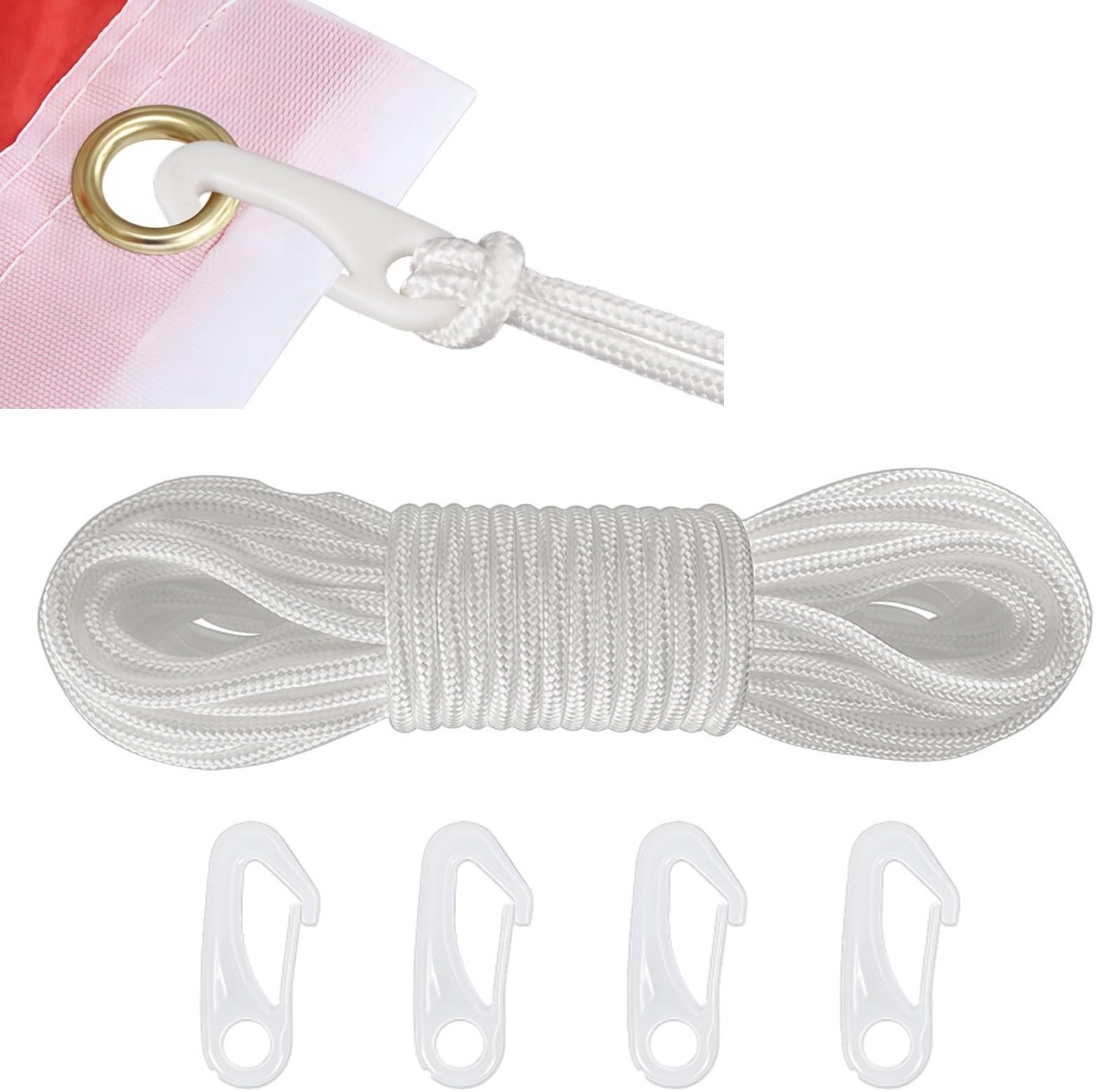 Famanu – 15m Weerbestendige 6mm Vlaggenmast Touw met Vier Bijpassende Haken