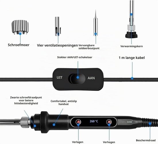 Professionele Solderset met LCD Display, Instelbare Temperatuur 180-560 °C, 5 Soldertips, Ontluchtingspomp en Looddraad voor Efficiënt Solderen — afbeelding 5