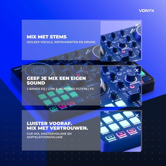 Overzicht van de Vonyx Spin200 DJ-functies zoals Stems, 2-bands EQ en cue-mix mogelijkheden.