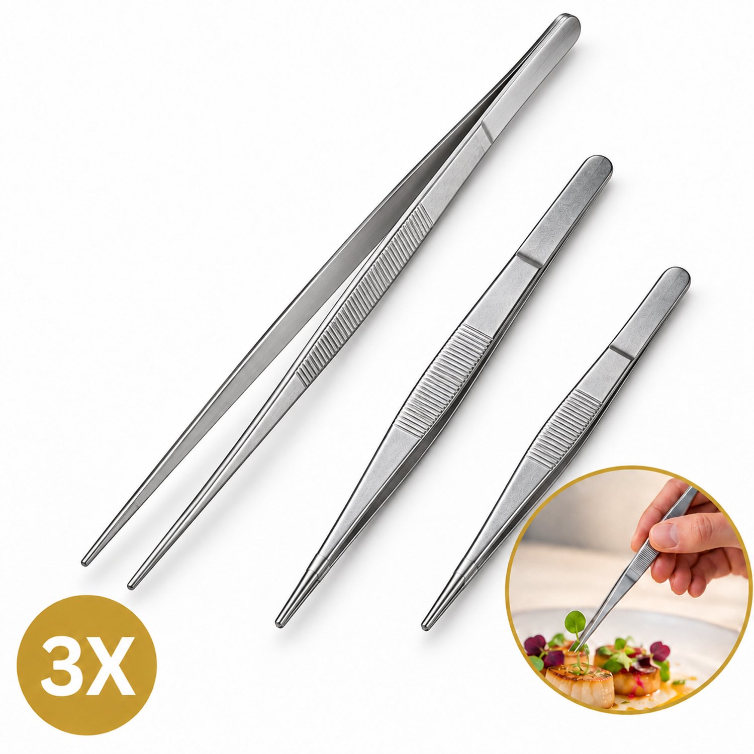 DIVERZA Keukenpincet Set – 3 Verschillende Lengtes – Nauwkeurig Garneren – RVS Kookpincetten – 16, 20 en 30 cm / Zilver