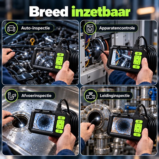 Endoscoop in gebruik voor auto-, apparaat-, afvoer- en leidinginspectie met verlichte camerakop.