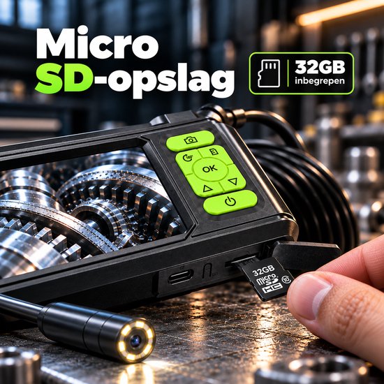 Endoscoop met 32GB microSD-opslagkaart die in de zijkant van het apparaat wordt geplaatst.