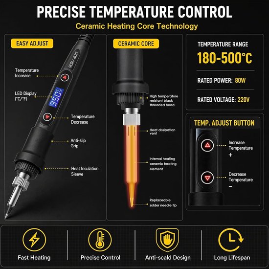 Professionele Solder Set met LED Display, Verstelbare Temperatuur voor Elektronica Reparaties, Inclusief 5 Tips, 50g Lood en Desoldering Pomp — afbeelding 5