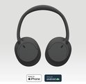 Zwarte Sony WH-CH720N koptelefoon met labels voor iPhone en Android compatibiliteit.