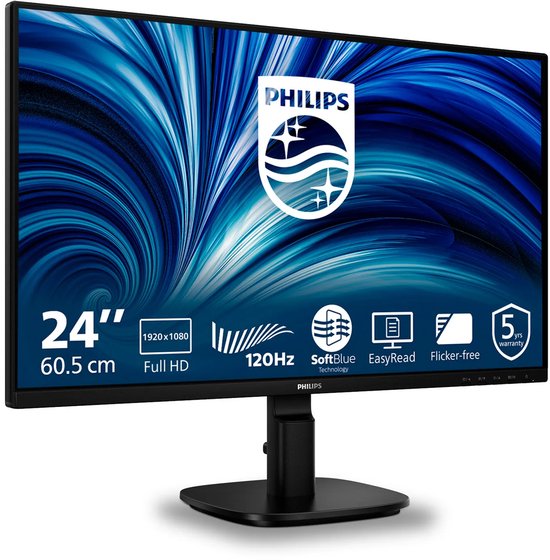 24 inch Philips Full HD-monitor, 120Hz, SoftBlue-technologie, EasyRead, flicker-free, 5 jaar garantie.