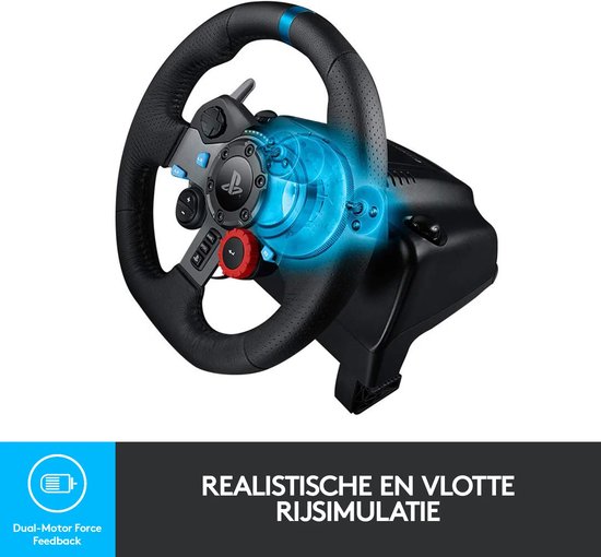 Racestuur met Dual-Motor Force Feedback, tekst: Realistische en vlotte rijsimulatie.