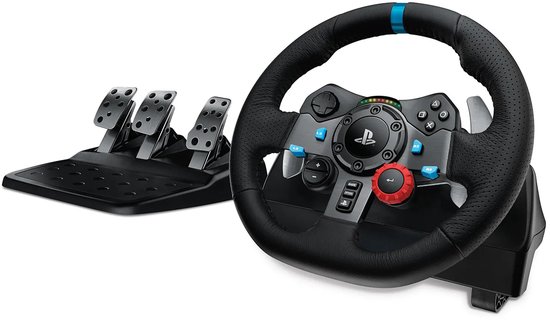 Zwart lederen racestuur met pedalen, blauwe accenten en PlayStation-bedieningsknoppen.