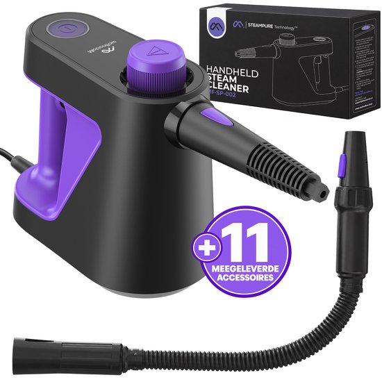 Zwarte en paarse Motionflow handstoomreiniger met verlengslang en 11 meegeleverde accessoires in een doos.