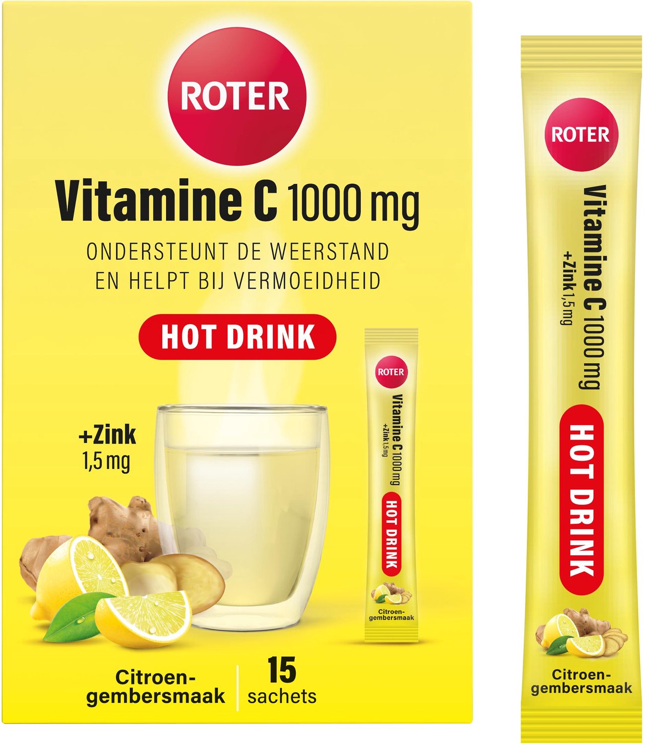 Roter Vitamine C 1000 mg + Zink - Hot drink - Vitamine C ondersteunt de natuurlijke weerstand en helpt vermoeidheid te verminderen - Met citroen-gembersmaak - 15 sachets