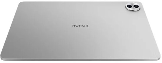 Horizontaal zijaanzicht van de zilvergrijze HONOR-tablet, met het HONOR-logo in het midden.
