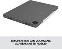 Grijze tablethoes die de voor-, achterkant en hoeken beschermt, met tekst: BESCHERMING VAN VOORKANT, ACHTERKANT EN HOEKEN.