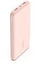 Roze Belkin powerbank in zijaanzicht met LED-indicatorlampjes.