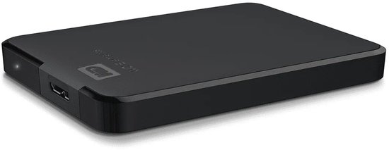 Achterzijde van de zwarte WD Elements harde schijf met zichtbare USB-poort.
