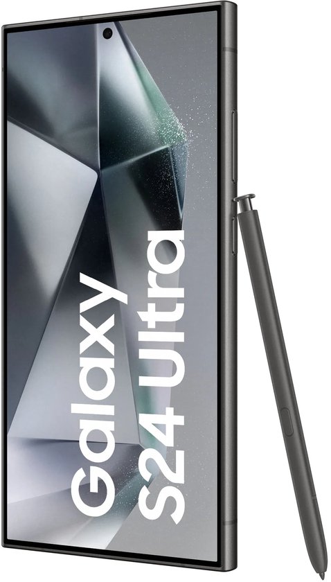 Galaxy S24 Ultra smartphone in grijs met schermtekst en bijbehorende styluspen rechts.