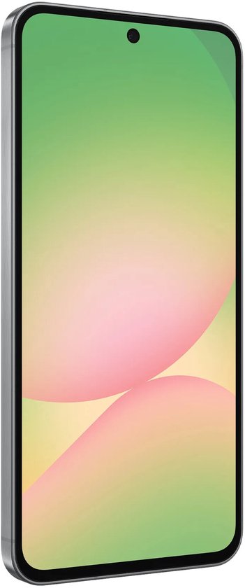 Zijaanzicht van een grijze smartphone met een helder scherm en geborsteld metalen frame.