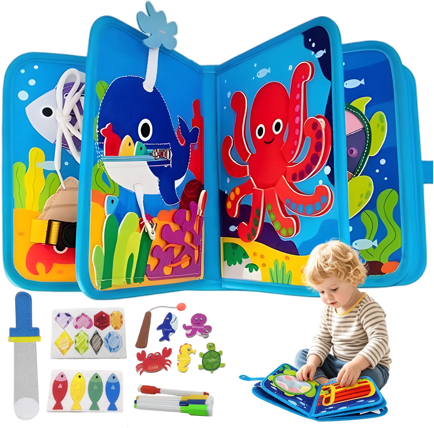 Montessori Activiteiten Boek - Busy Board - Kleuter Doeboek - Sensory Speelboek - Oceaan Thema - Ontwikkelt Concentratie - Voor Fijne Motoriek - Draagbaar Stilteboek - Educatief Speelgoed - Voor Peuters Van 1-5 Jaar