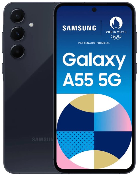 Samsung Galaxy A55 5G met Parijs 2024 Olympische branding en abstracte geometrische vormen op het scherm.