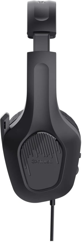 Zwarte Trust GXT 415 Zirox gamingheadset met het GXT-logo op de zijkant en ingebouwde microfoonarm.
