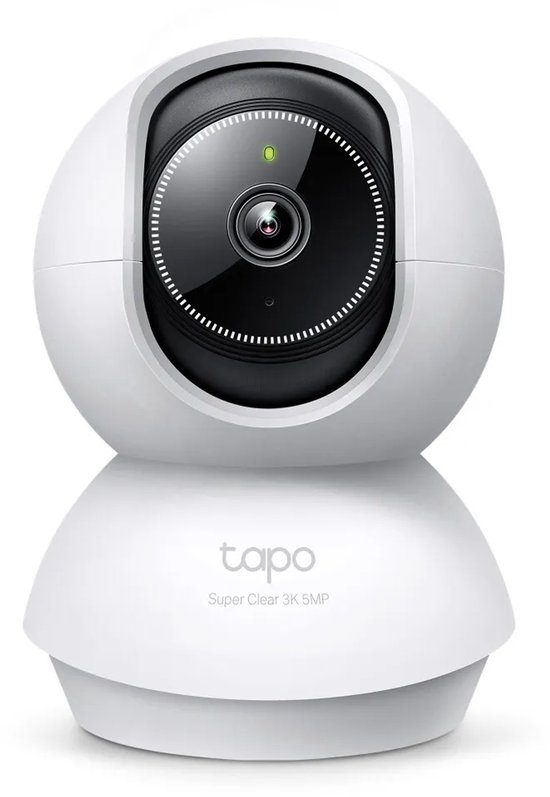Rechtopstaande witte Tapo 3K 5MP beveiligingscamera met zwarte lens, groen indicatielampje en merklogo.