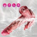 Realistische dildo in water met pictogrammen voor hygiëne en waterbestendigheid.