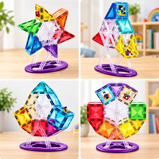 Vier constructies van een magnetisch reuzenrad in regenboogkleuren met speelfiguren op een paarse basis.