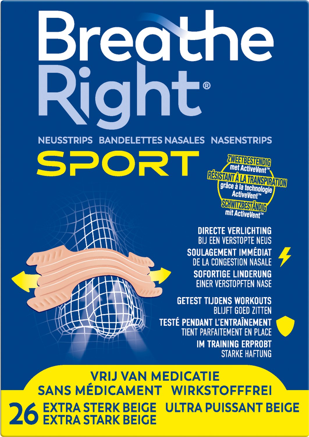 Breathe Right SPORT Neusstrips – Extra Sterk Beige – One Size – Voor Sport & Actieve Levensstijl – Zweetbestendig met ActiveVent™ – 26 Stuks