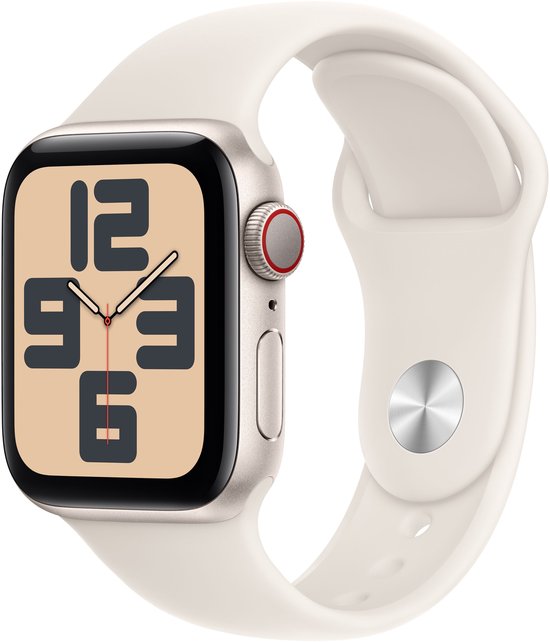 Schuine aanzicht van een starlight Apple Watch met witte band en Digital Crown met rode ring.