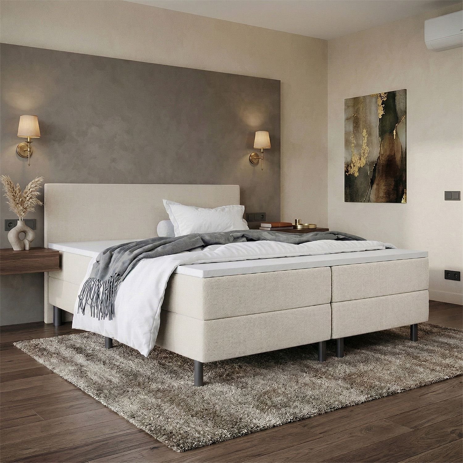 Boxspring Bravo - Luxe pocketvering - 200x220 cm - Stof Beige - Compleet inclusief Topmatras