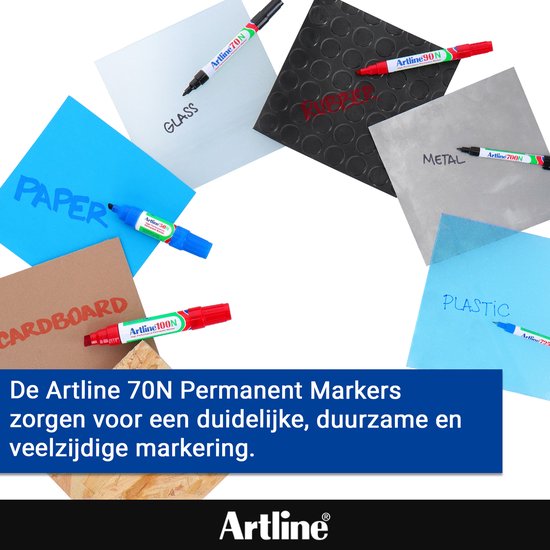 Verschillende Artline-markers gebruikt op oppervlakken zoals glas, metaal, karton en papier.