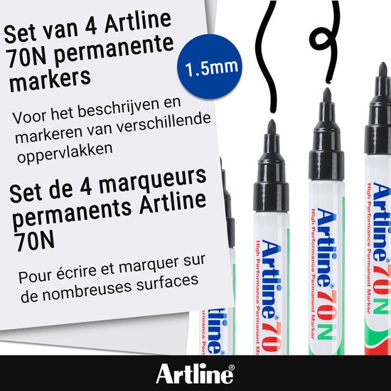 Set van vier Artline 70N permanente markers met 1,5 mm kogelpunt voor diverse oppervlakken.
