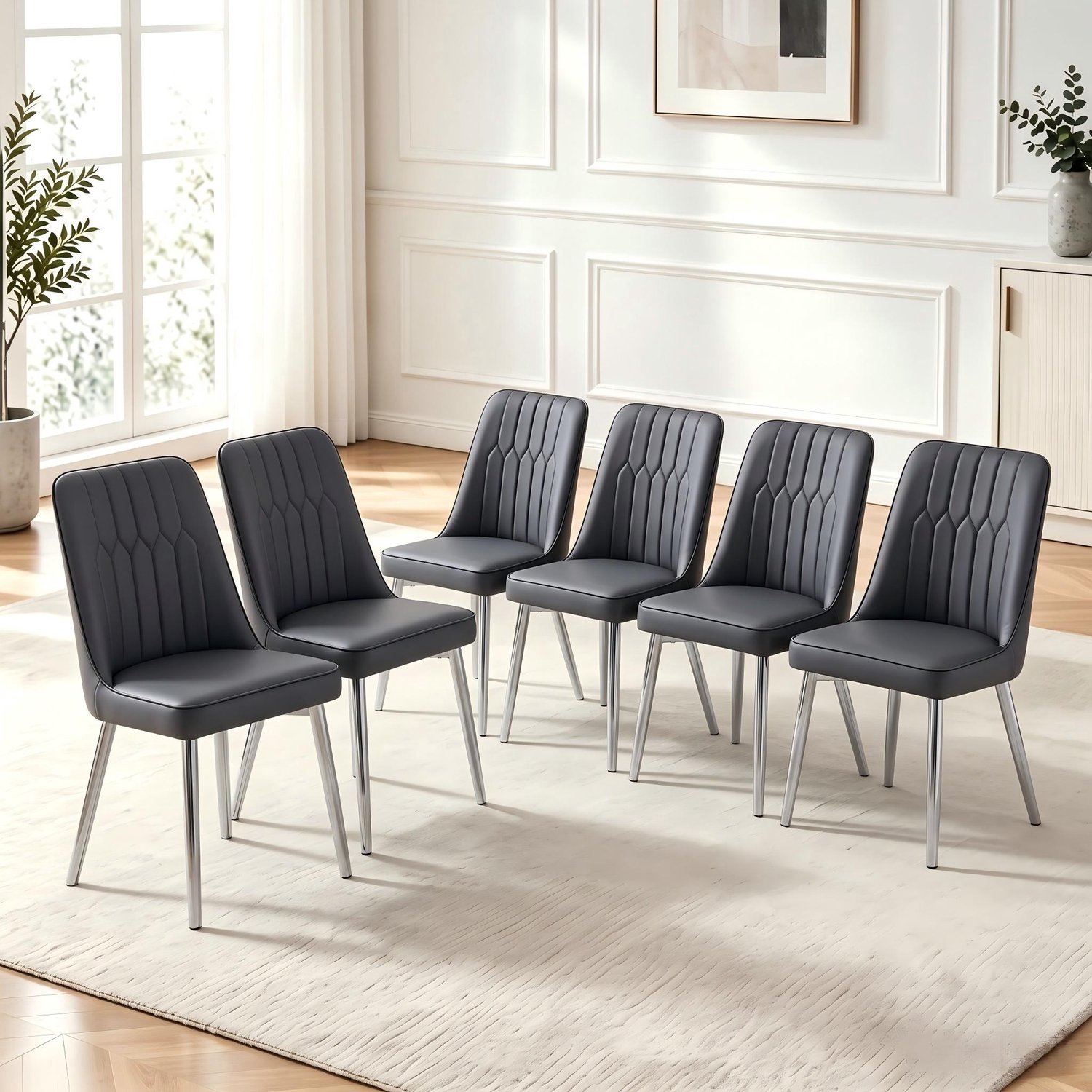 Clruro Eetkamerstoelen - Hoogte 89 cm - Set van 6 - Zilveren Poten - Kunstleer/Metaal - Zwart Zwart+Zilver