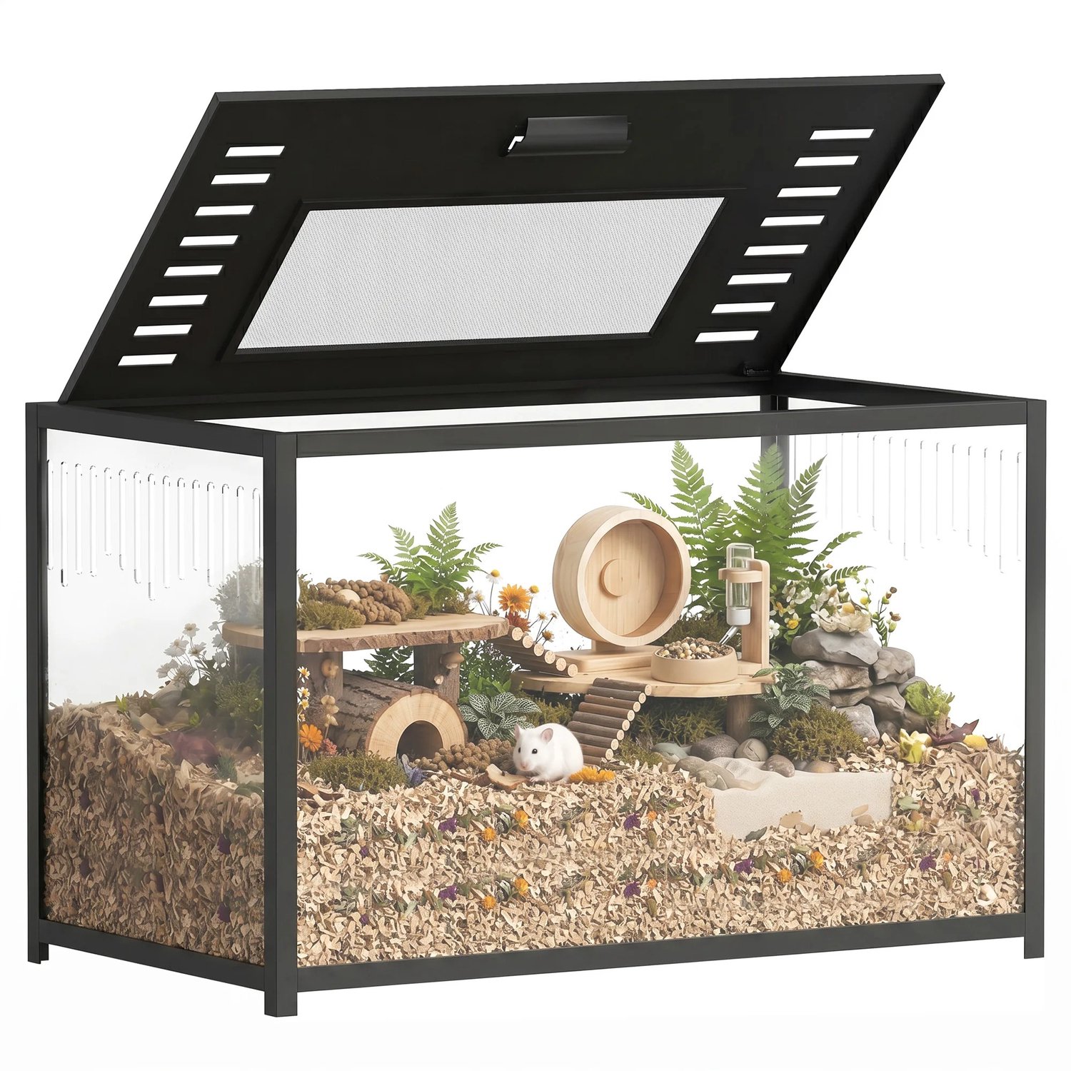 Bresht Hamsterkooi - Diepe Bodem - Acrylpanelen - Ventilatieopeningen - Opklapbaar deksel - Zwart/Transparant - 80 × 45 × 50,5 cm