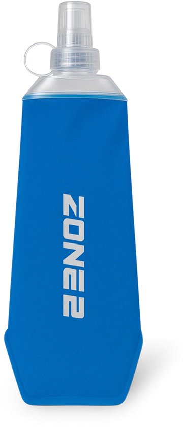 Gourde souple bleue de 500ml avec marquage 'ZONE2' blanc et embout transparent.