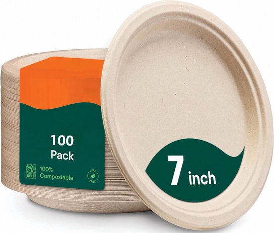 Stapel van 100 composteerbare bruine borden van 7 inch, PFAS-vrij suikerrietbagasse.