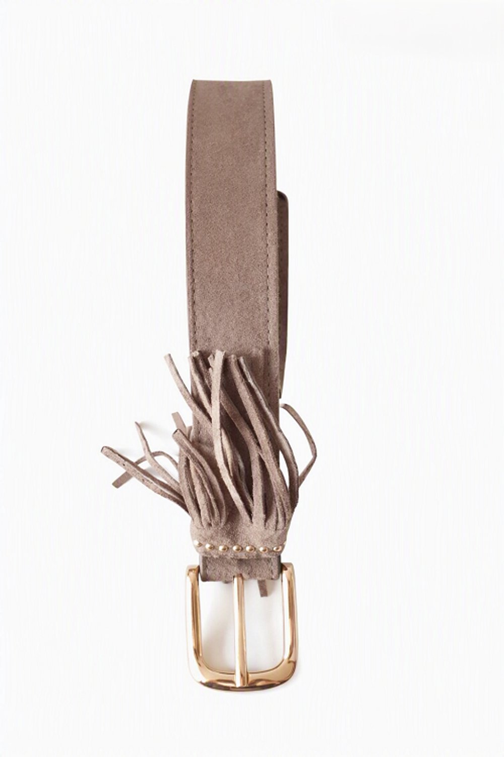 SH-leren suède-dames riem-taupe-franje bij gesp-goudkleurige gesp-85 t/m 100cm