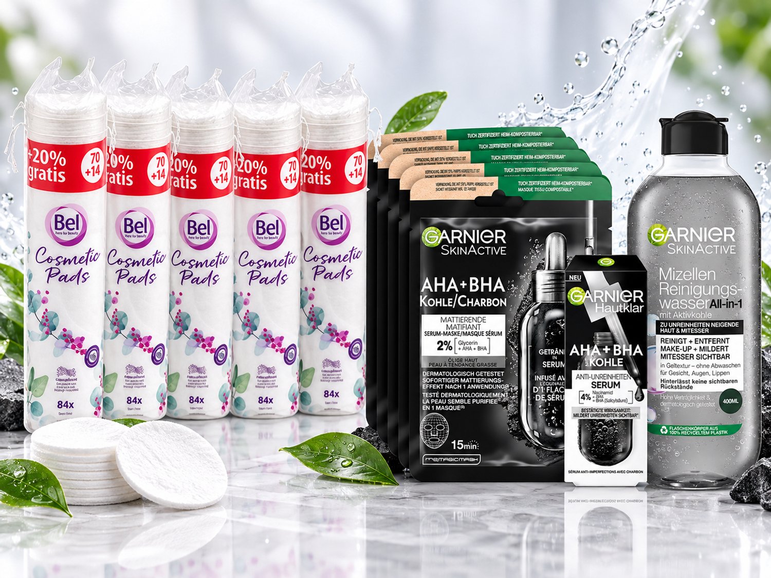 Bel Cosmetic Pads & Garnier SkinActive Gift Set – 5x Bel Wattenschijfjes, 5x AHA+BHA Charcoal Sheet Mask, 1x Anti-Onzuiverheden Serum & 1x Micellair Reinigingswater