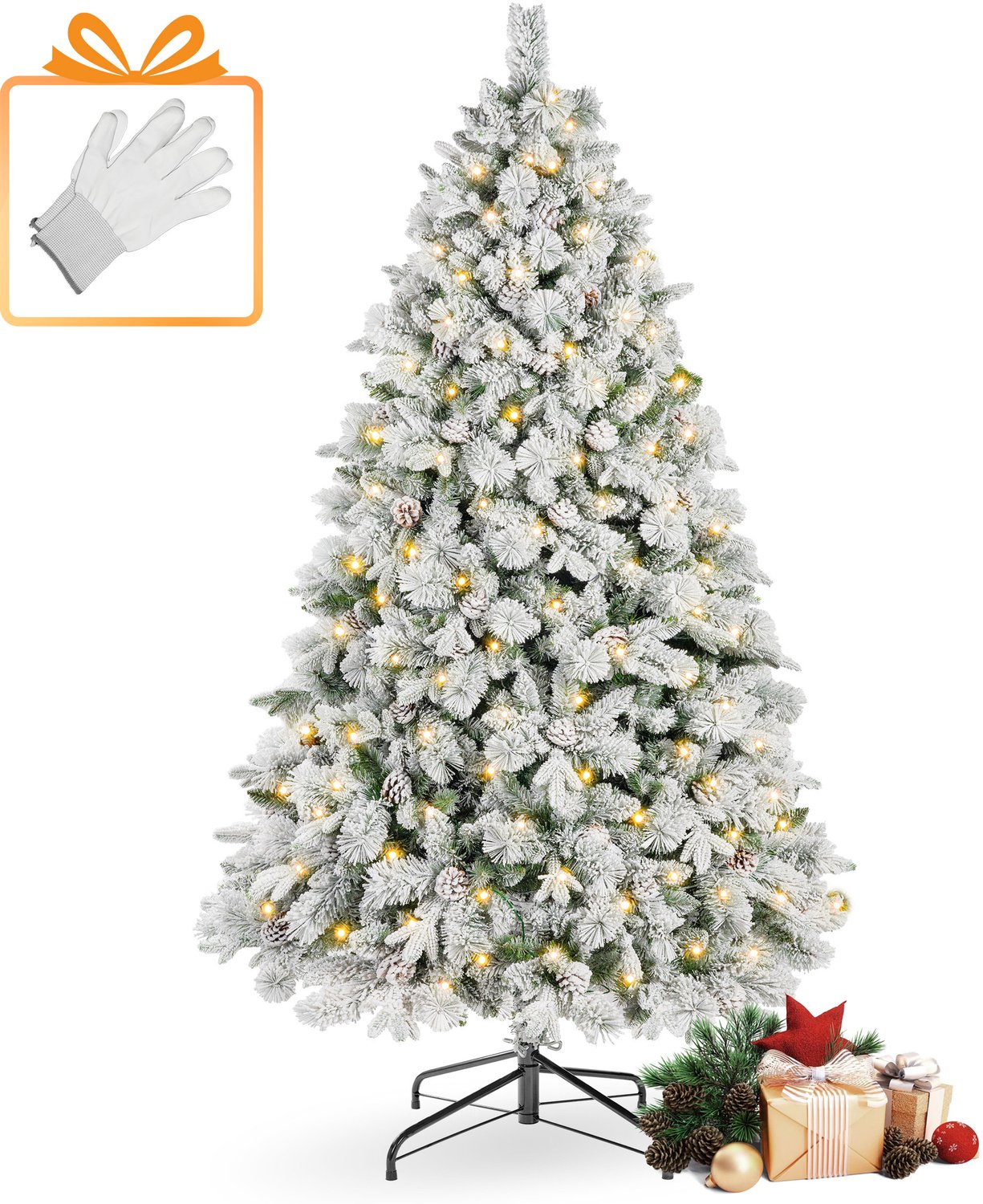 Sinaopus Kunstkerstboom met Verlichting en Sneeuw - 235 cm - 500 Lampjes - 86 Dennenappels - Grote Volle PE/PVC Kerstboom - Metalen Standaard