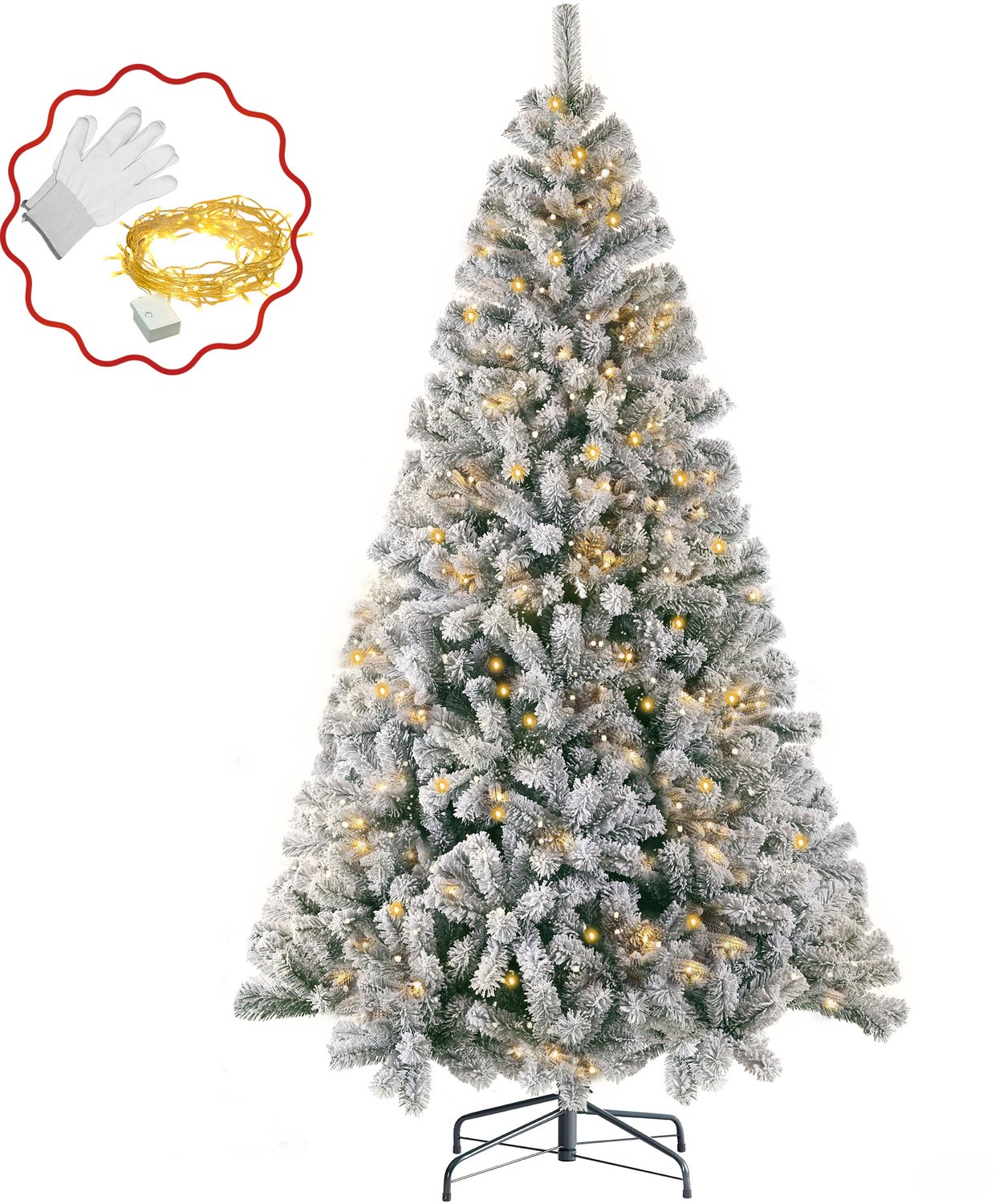 VANKEL Kunstkerstboom 210 cm - Besneeuwde Kerstboom - 1295 Volle Takpunten - PVC - Inclusief Lichtsnoer - Metalen Standaard - Grote Witte Kunstboom voor Kerst