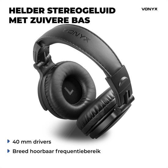 Zwarte koptelefoon met tekst: Helder stereogeluid met zuivere bas, 40mm drivers en breed frequentiebereik.
