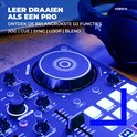 Close-up van de zwarte Vonyx Spin200 DJ-controller met focus op de jogwheel en bedieningsknoppen.