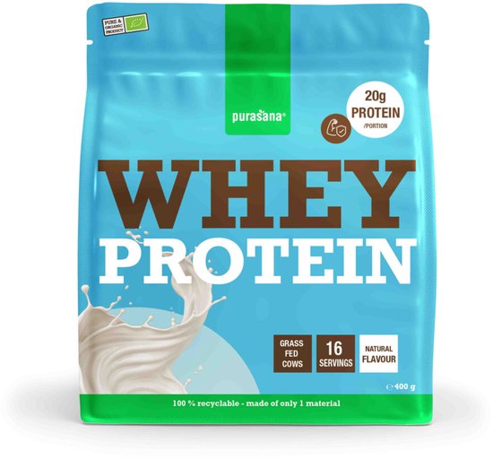 Blauwe Purasana Whey Proteïne verpakking met een spetterende melkafdruk en vermelding van 20g proteïne.
