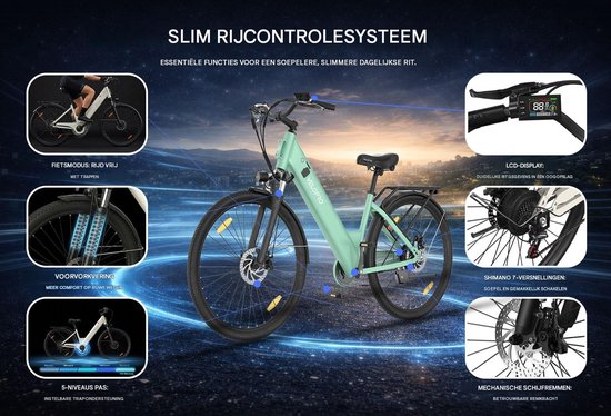 28 inch Elektrische Fiets - 250W Motor - 36V 13Ah Accu - Bereik tot 80km - Shimano 7-Snelheden - Max 25km/u - Verende Voorvork -Elektrische stadsfietsen -28 Inch E-bike - Zwart — afbeelding 5