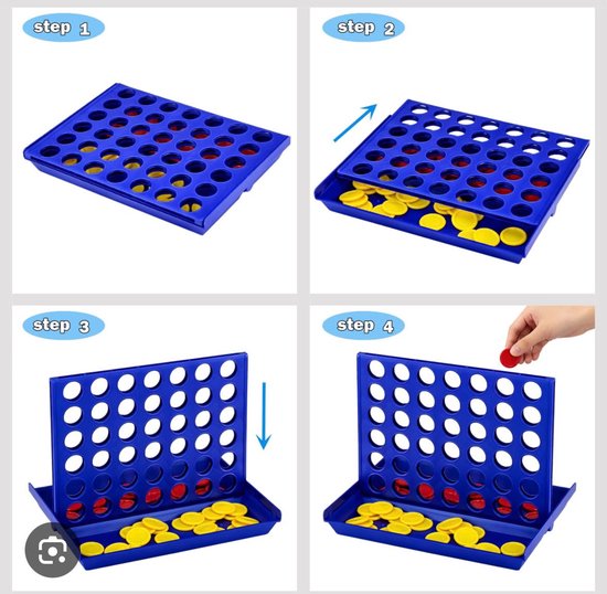 Vier stappenplan voor het opzetten van een blauw vier-op-een-rij spel met gele en rode fiches.