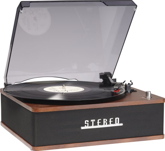 Retro platenspeler met houtlook behuizing, zwarte stoffen luidsprekerfront met 'STEREO' tekst en transparante stofkap.