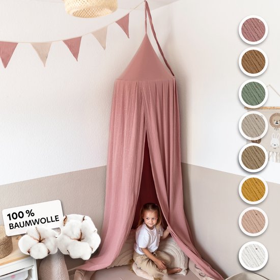 LILIMAUS Klamboe baby met gouden details - bedhemel en hemeltje kinderkamer - mousseline katoen - 245 cm - oudroze — afbeelding 4