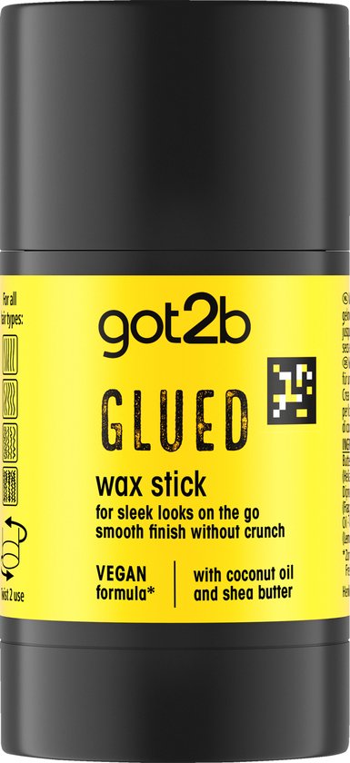 Got2b Glued wax stick in een zwarte huls met een felgele wikkel, vegan formule met kokosolie en sheaboter.
