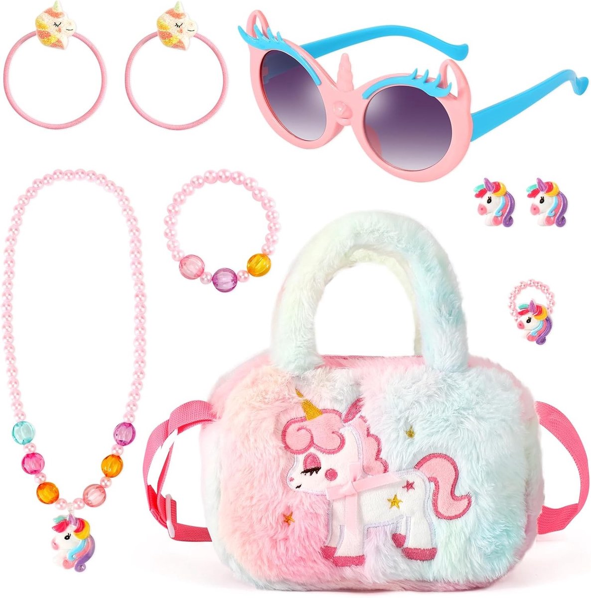 Kawaii Unicorn Handtas met Sieradenset voor Meisjes, Schattige Pluche Crossbody, Zonnebril, Armband, Oorbellen en Haarspeld voor Prinsessen Kostuum en Cadeaus